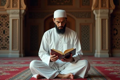 Musulman priant avec Quran dans une mosquee ancienne