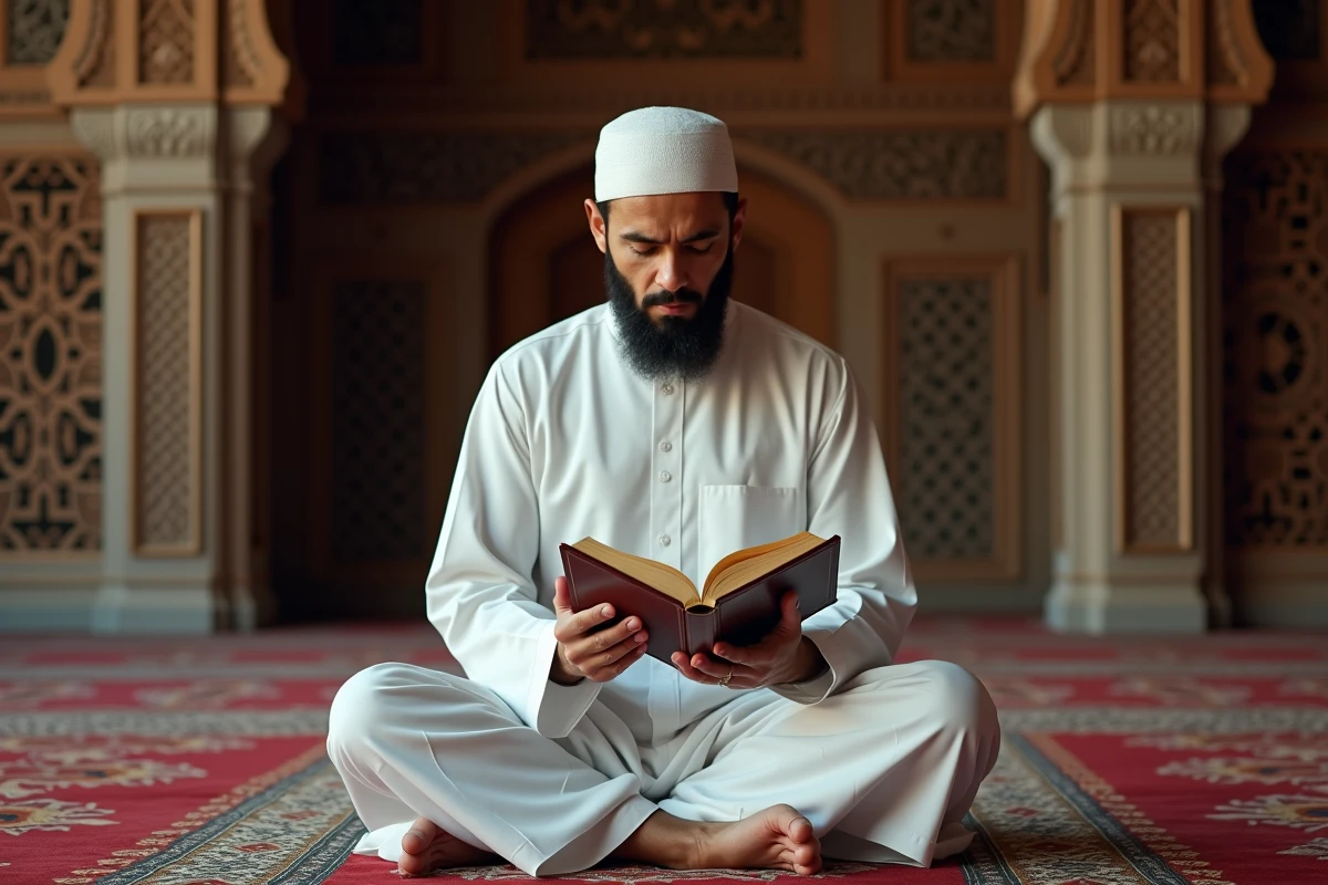 Musulman priant avec Quran dans une mosquee ancienne