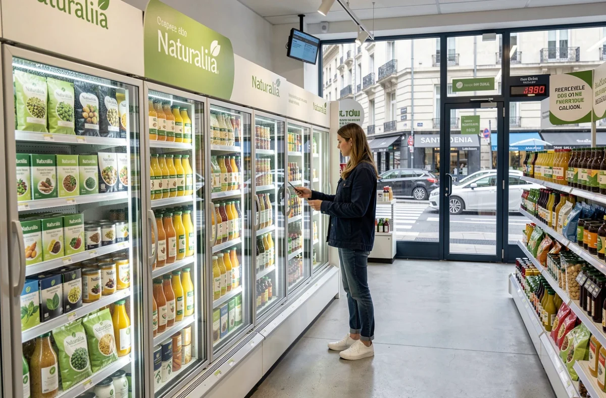 Jeune femme faisant ses courses dans un magasin Naturalia urbain à Saint-Denis en soirée