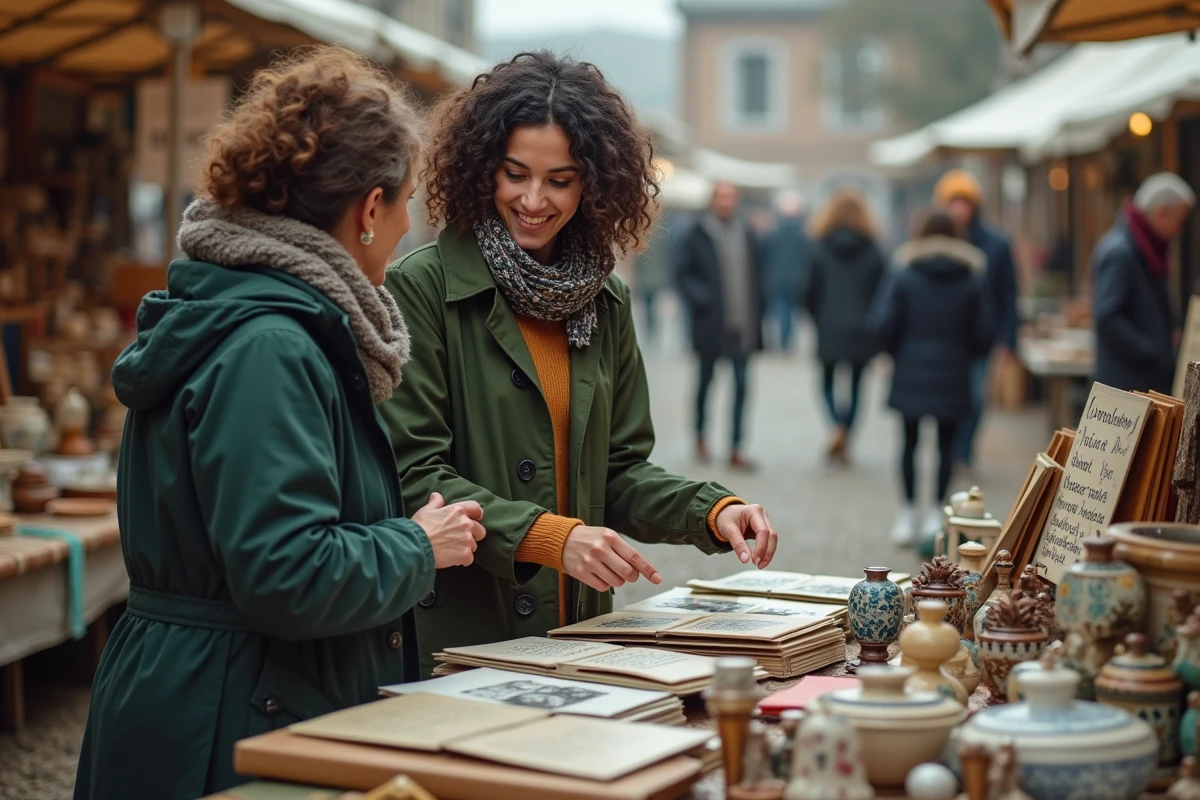 Jeune femme négociant avec une vendeuse au marché aux puces