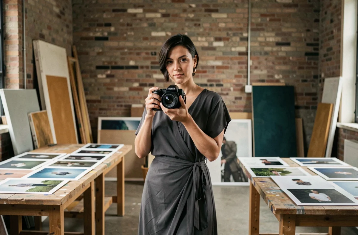 NINGA, photographe artistique, dans son espace créatif à Meaux avec ses œuvres en arrière-plan