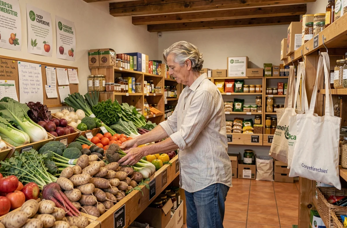Membre d'une coopérative bio à Montreuil arrangeant des légumes frais dans un magasin Les Nouveaux Robinson