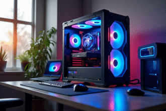 PC gaming haut de gamme avec composants lumineux et éclairage RGB