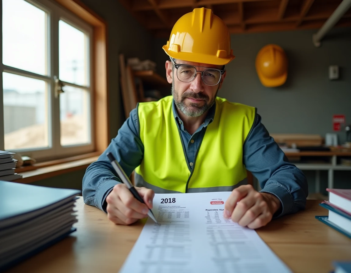 Ouvrier en gilet haute visibilité consultant un planning de semaines paires impaires 2026 dans un bureau de chantier