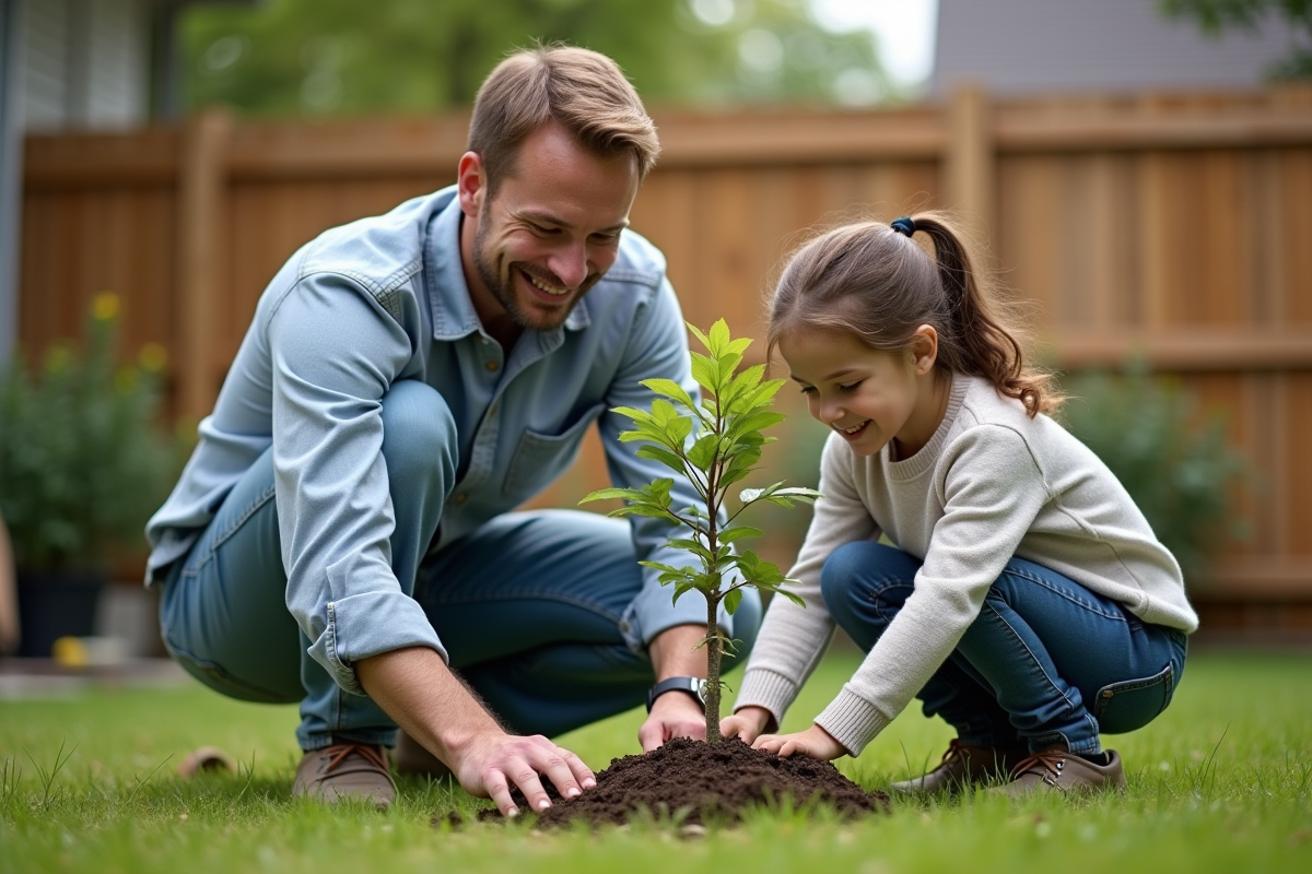 Père et fille plantent un arbre dans le jardin en famille