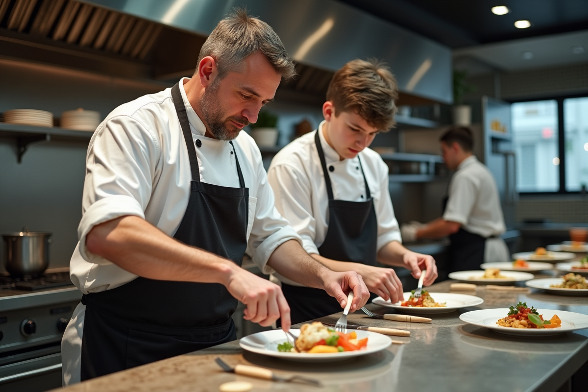 Père et fils en cuisine moderne en train de préparer des plats
