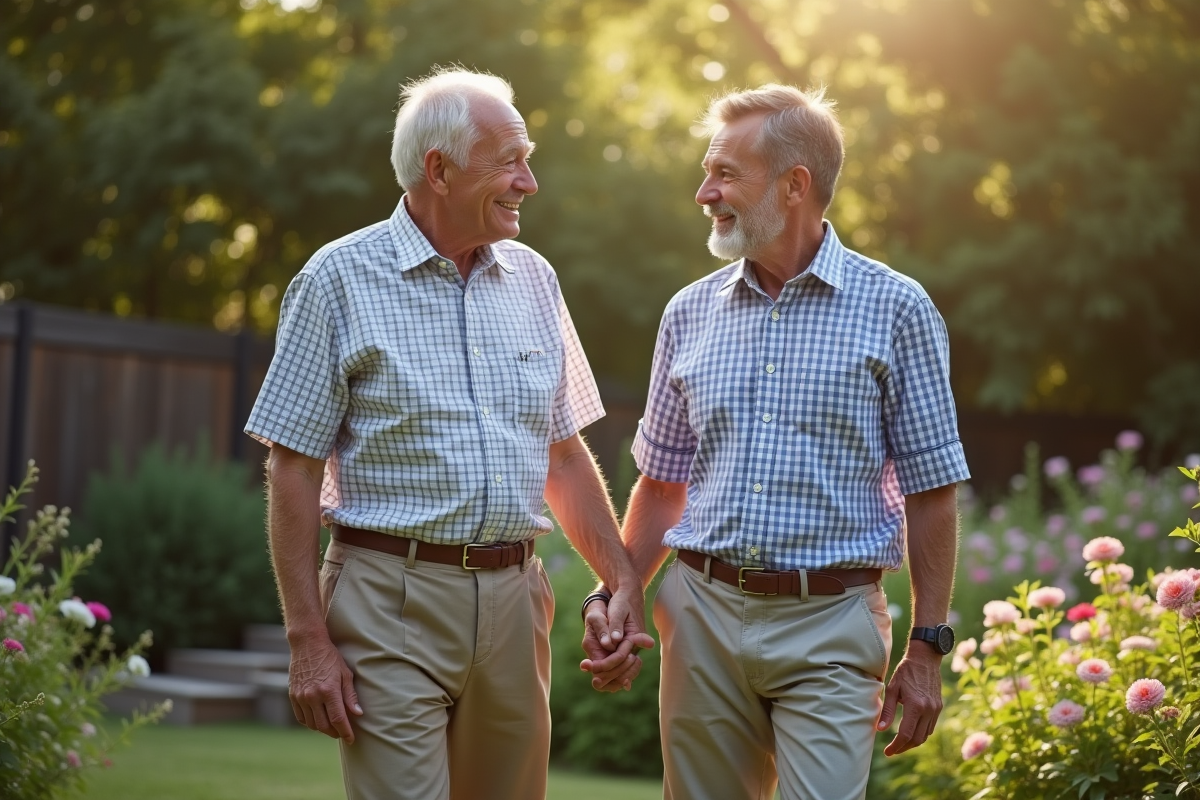 Pere et fils se tenant la main dans un jardin fleuri