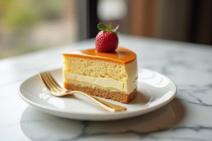 Tranche de gateau opera sur assiette en porcelaine avec fourchette dorée