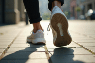 Zoom sur des pieds en sneakers confortables marchant sur le trottoir