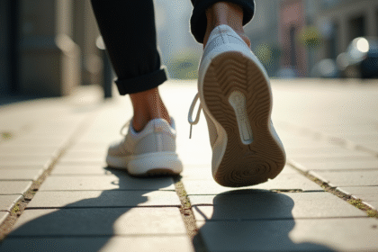 Zoom sur des pieds en sneakers confortables marchant sur le trottoir