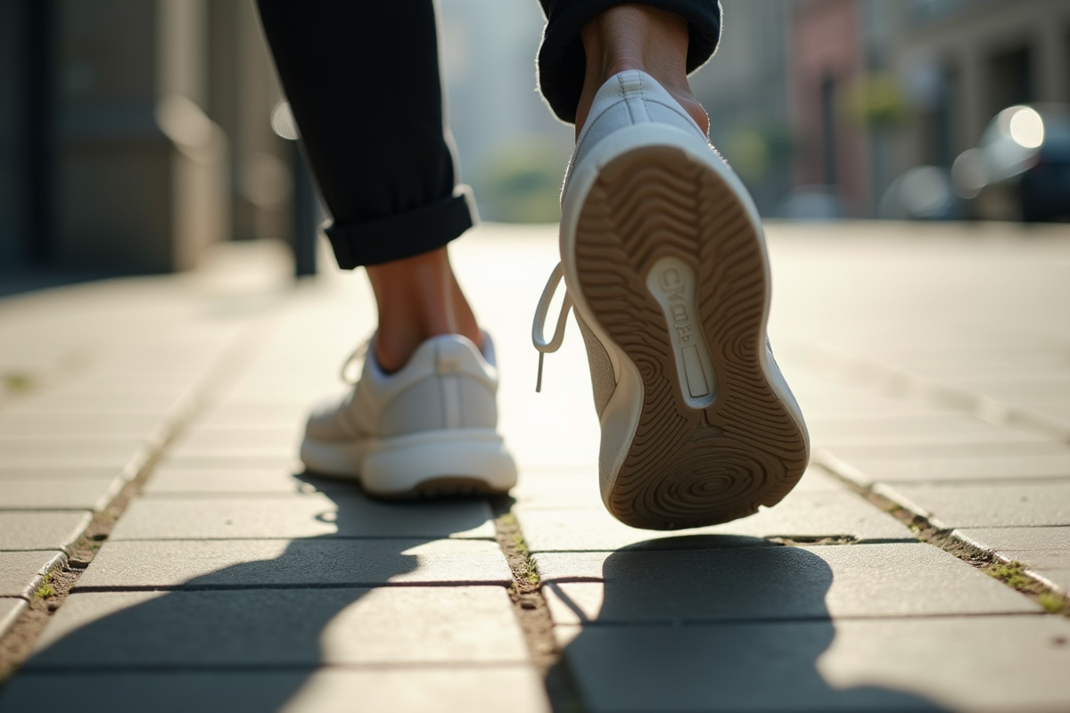 Zoom sur des pieds en sneakers confortables marchant sur le trottoir