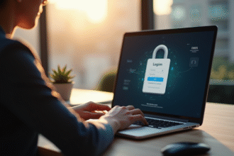 Personne travaillant sur un ordinateur avec une page de connexion sécurisée