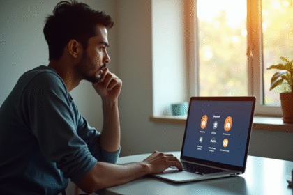 Personne au bureau avec un ordinateur affichant des icones VPN