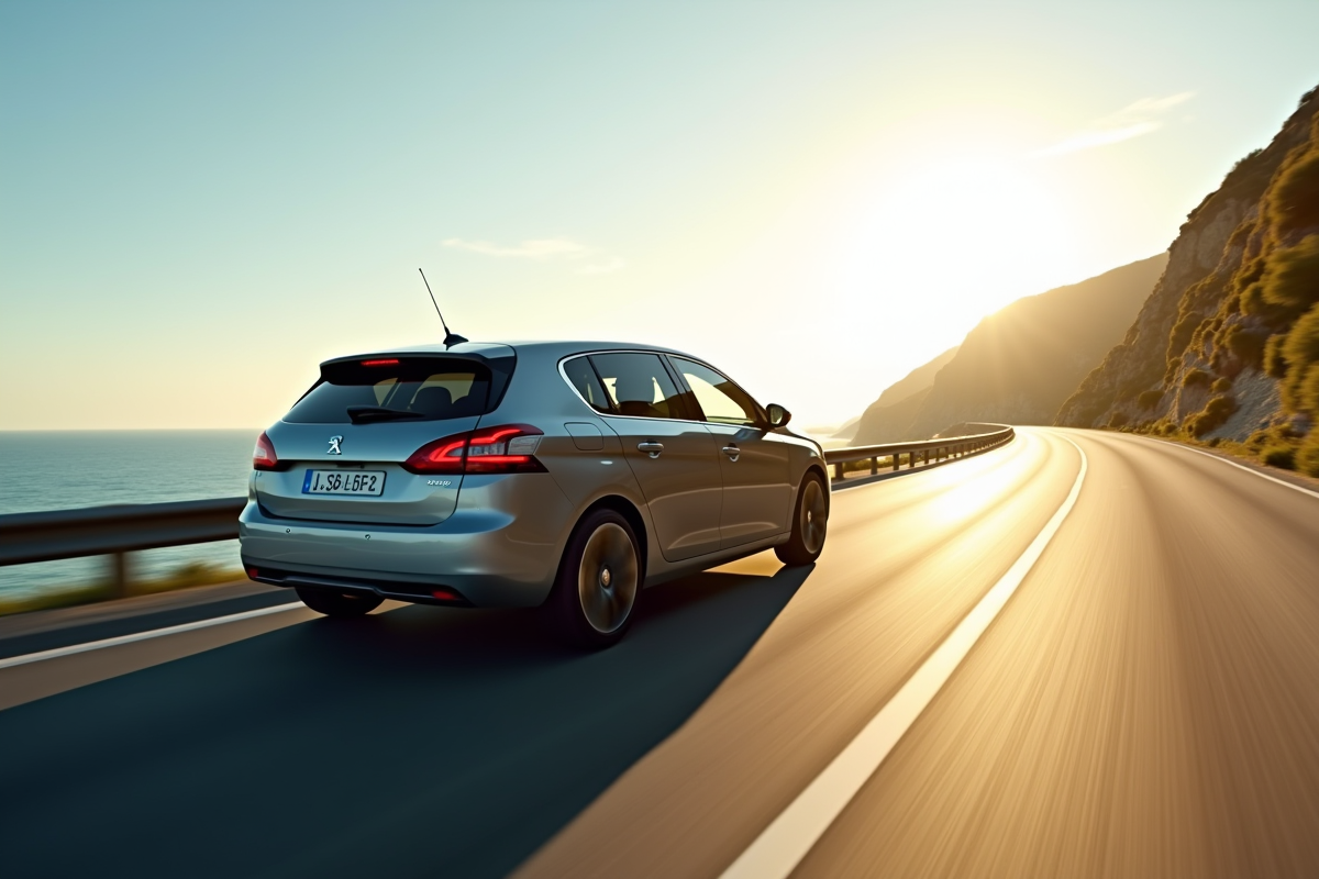 Peugeot 308 en conduite sur route côtière ensoleillée