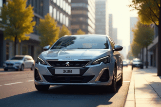 Peugeot 308 neuve en ville en journée