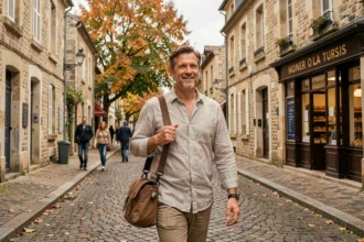 Photographe professionnel se promenant dans une ville historique de Seine-et-Marne avec son matériel photo