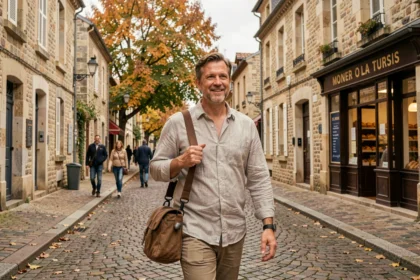 Photographe professionnel se promenant dans une ville historique de Seine-et-Marne avec son matériel photo