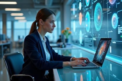 Jeune physicienne en laboratoire examinant des diagrammes quantiques