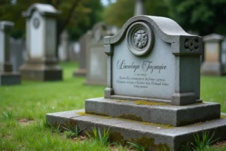 Pierre tombale en granit personnalisée avec gravure de portrait, motif floral et épitaphe dans un cimetière français