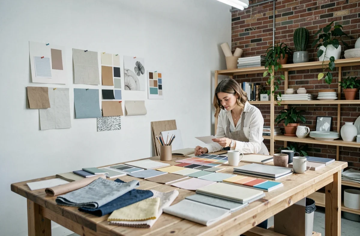 Studio créatif de Piwix avec moodboards, échantillons de tissu et designer travaillant sur des palettes de couleurs