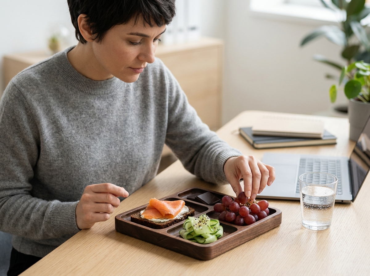 Femme en bureau prenant un repas élégant dans un plateau compartimenté style bento
