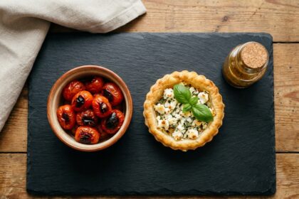 Plateau repas gastronomique stylisé avec tartlette au chèvre et tomates cerises rôties sur ardoise noire