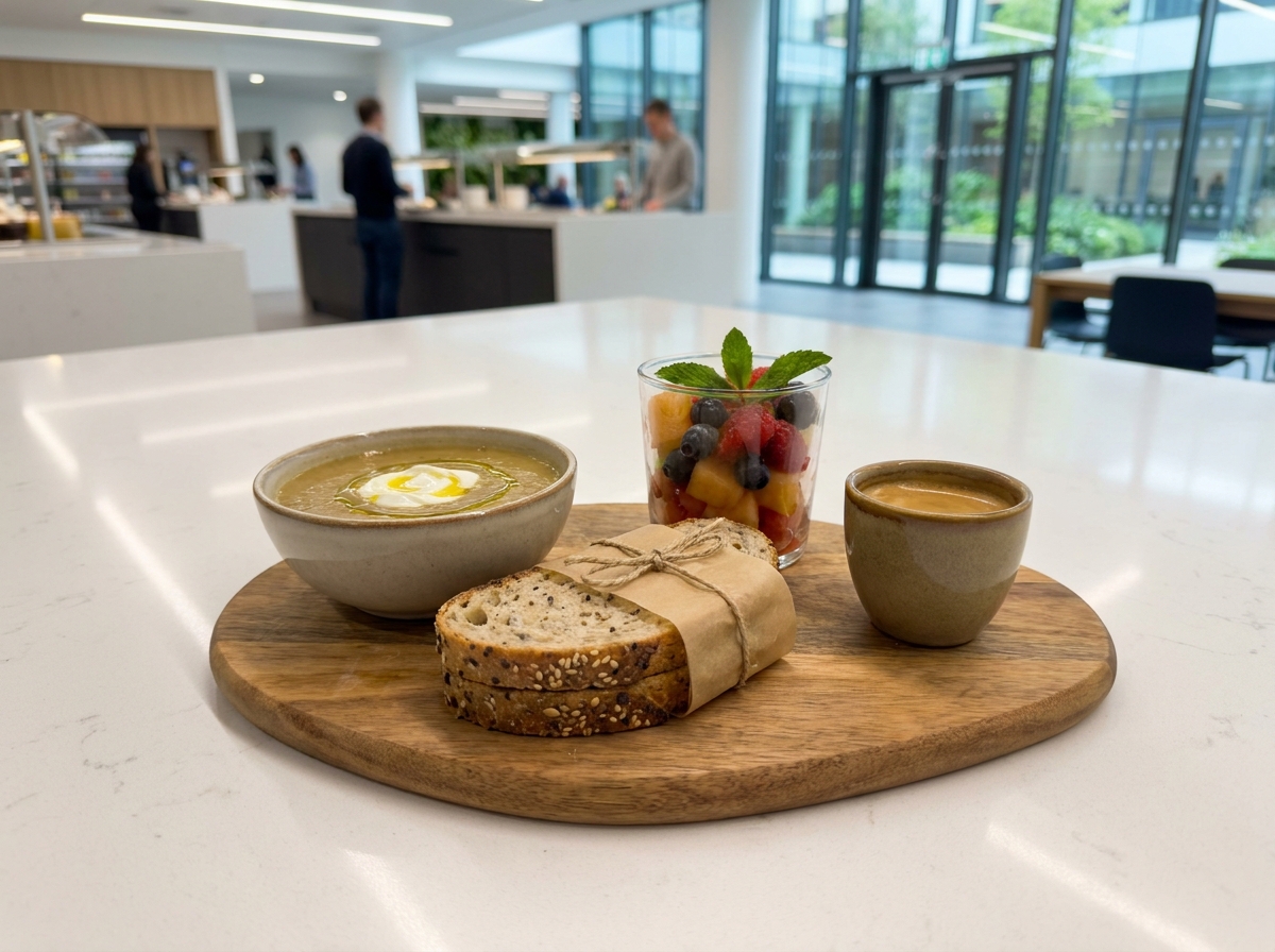 Plateau repas raffiné en cafétéria moderne avec velouté de lentilles et pain au levain sur plateau en bois
