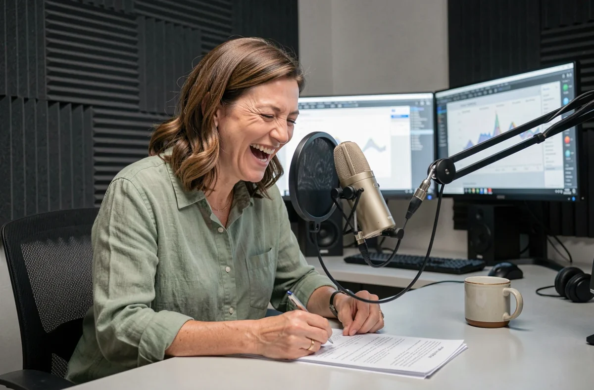 Podcasteuse enregistrant un épisode dans un studio acoustique professionnel avec microphone à condensateur