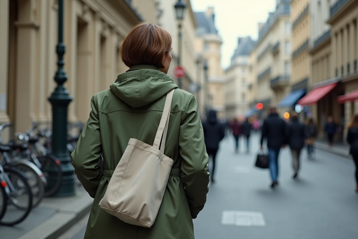 Femme politique marchant dans une rue parisienne devant un bâtiment institutionnel, symbolisant la double fonction entre scène nationale et engagement local