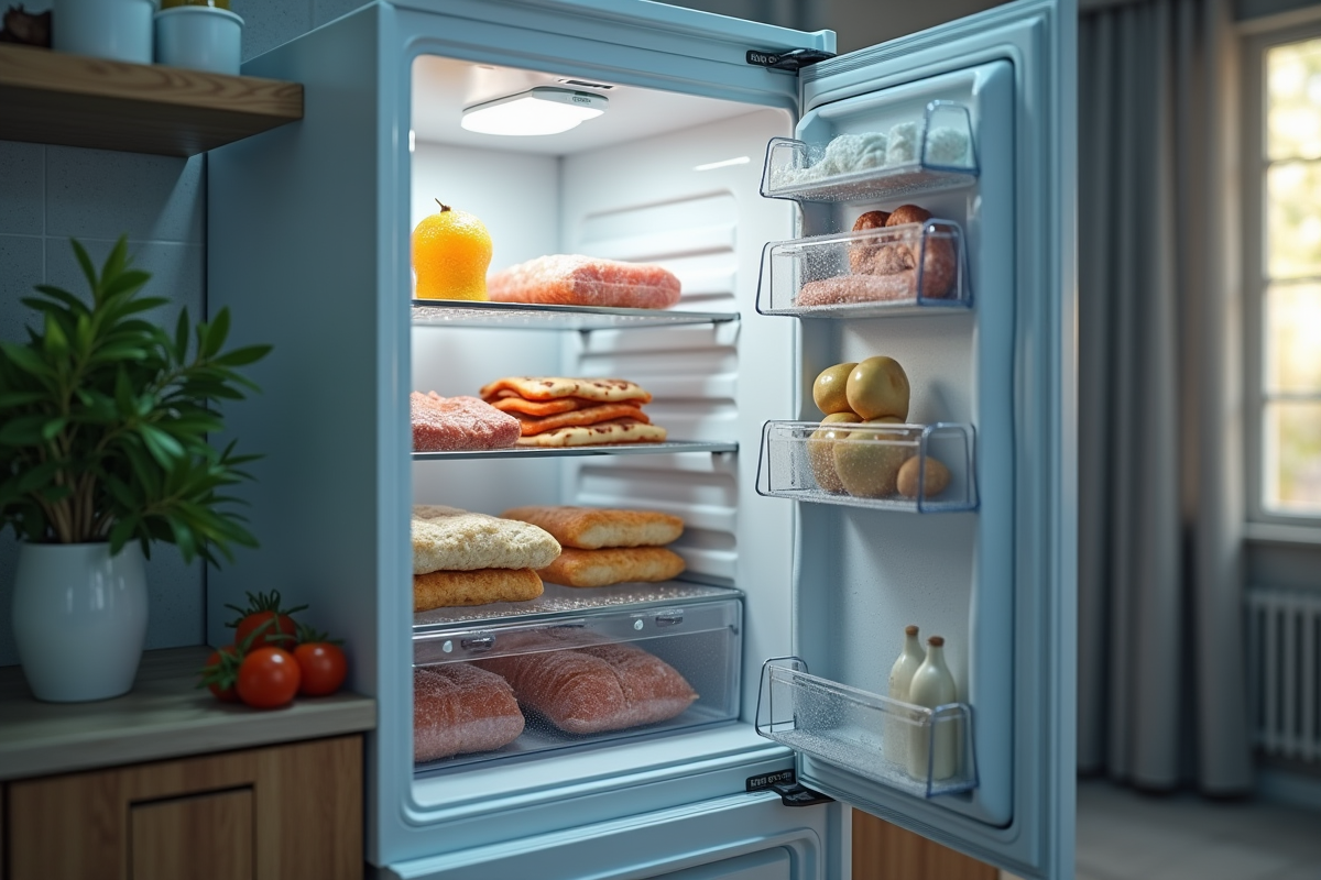 porte de freezer ouverte dans une cuisine moderne avec aliments partiellement décongelés