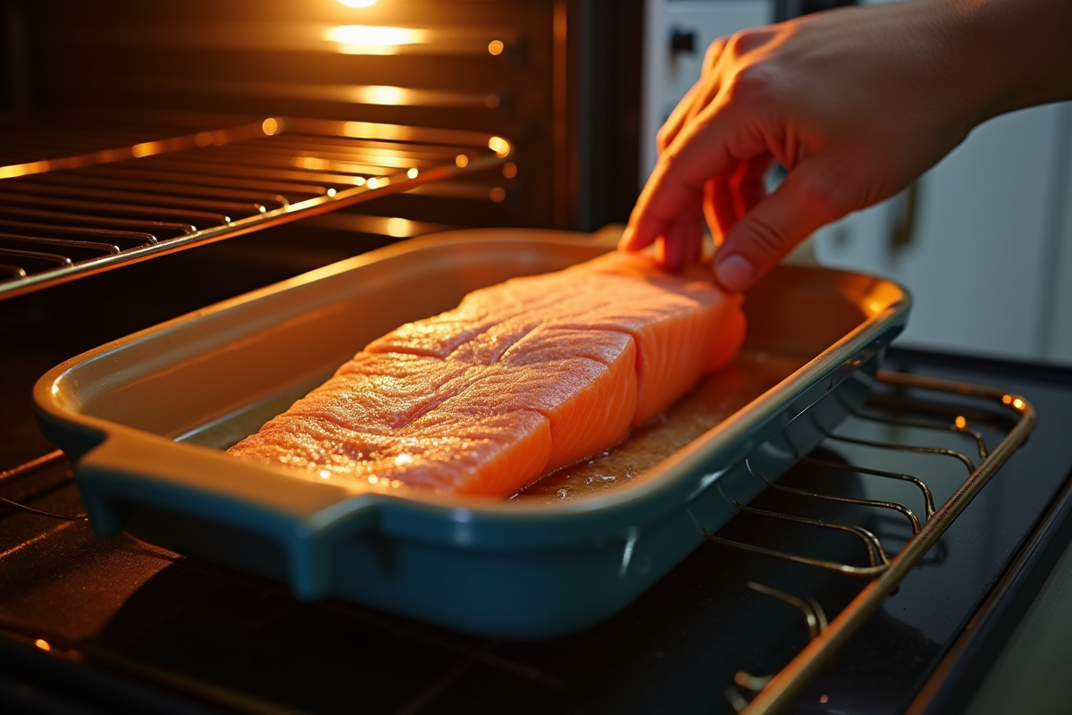 Mains plaçant un filet de poisson congelé dans un plat à four