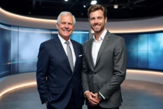 Deux présentateurs TV français de générations différentes posant ensemble dans un studio de télévision moderne