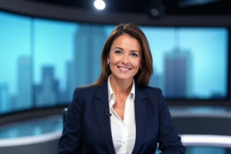 Présentatrice télévision professionnelle assise derrière un bureau de plateau de journal télévisé moderne en 2026