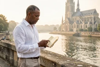 Homme consultant un calendrier de prière islamique sur un pont d'Orléans avec la cathédrale Sainte-Croix en arrière-plan en été