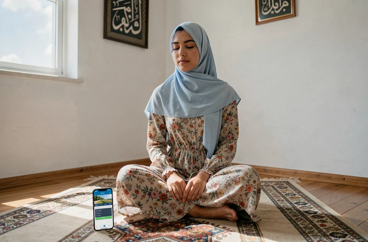 Femme en hijab consultant les horaires de prière sur smartphone dans une salle de prière à Orléans pendant l'été