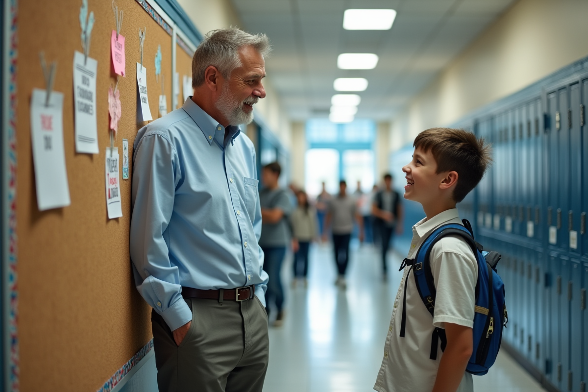 Professeur discutant avec un élève dans le couloir scolaire