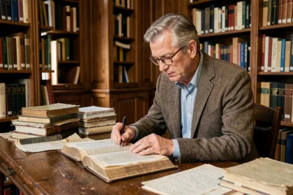 Professeur de linguistique annotant un dictionnaire français ancien dans une bibliothèque universitaire classique