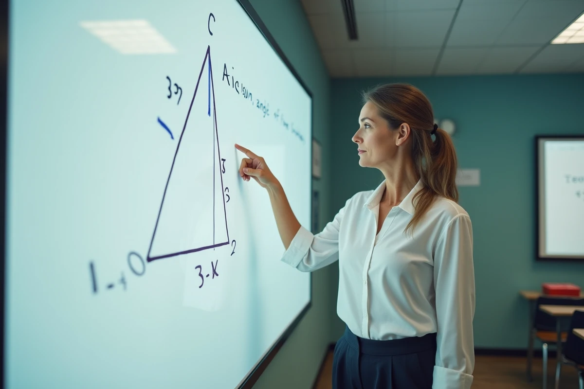 Professeure de mathématiques expliquant la fonction arcsin au tableau avec un triangle rectangle annoté