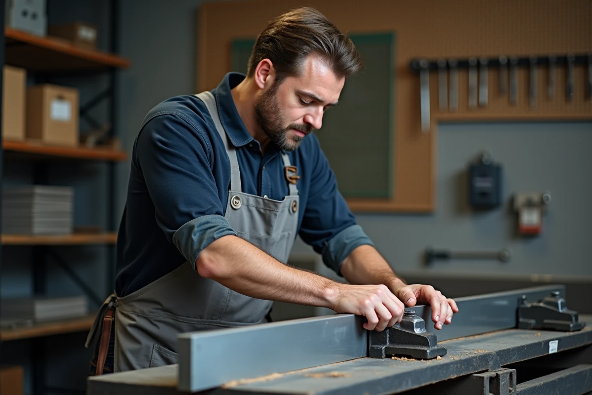 Professionnel en atelier examinant un barreau en aluminium brut fixé dans un étau, évaluant la qualité de finition métallique