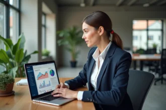 Professionnelle consultant le blog actualités Flexmind.fr pour optimiser sa stratégie digitale au bureau