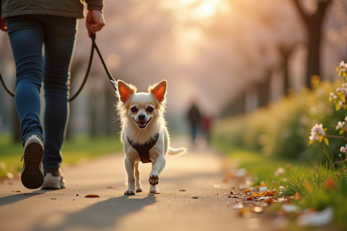 Chihuahua âgé en promenade dans un parc fleuri au matin