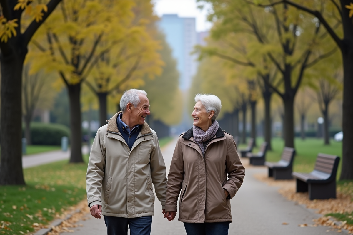 Couple âgé marchant dans un parc urbain ensoleille