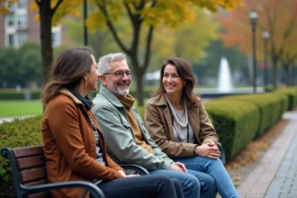 Groupe de personnes profitant d'un parc urbain bien entretenu, symbole de qualité de vie en ville idéale