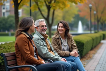 Groupe de personnes profitant d'un parc urbain bien entretenu, symbole de qualité de vie en ville idéale