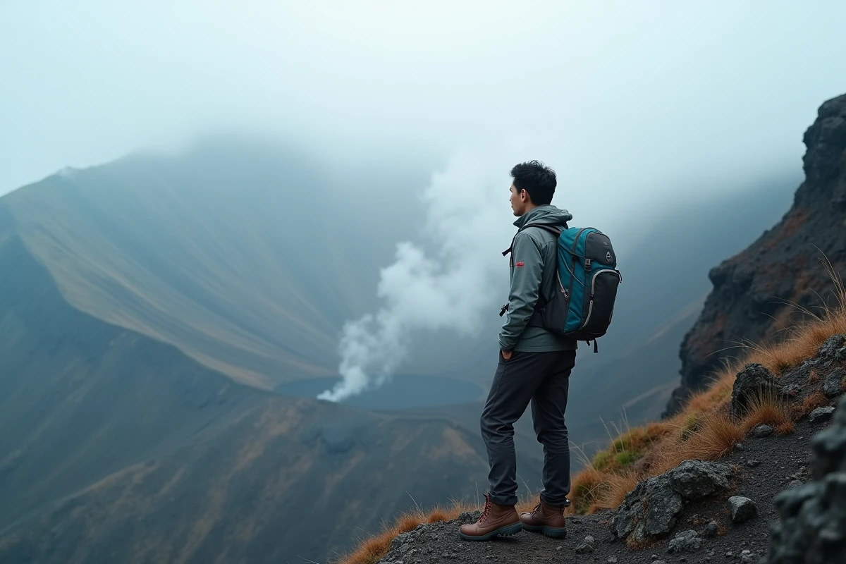 Homme japonais randonneur sur une crête volcanique brumeuse