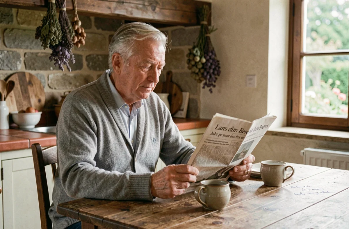 Homme retraité lisant un journal français annoté dans une cuisine provinciale authentique avec une tasse de café