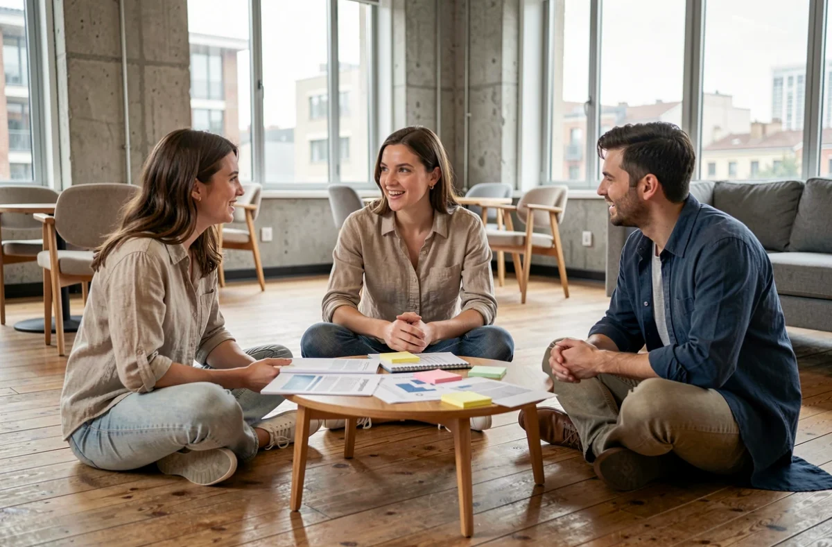 Jeune femme participant à une réunion collaborative dans un espace de coworking moderne avec des collègues