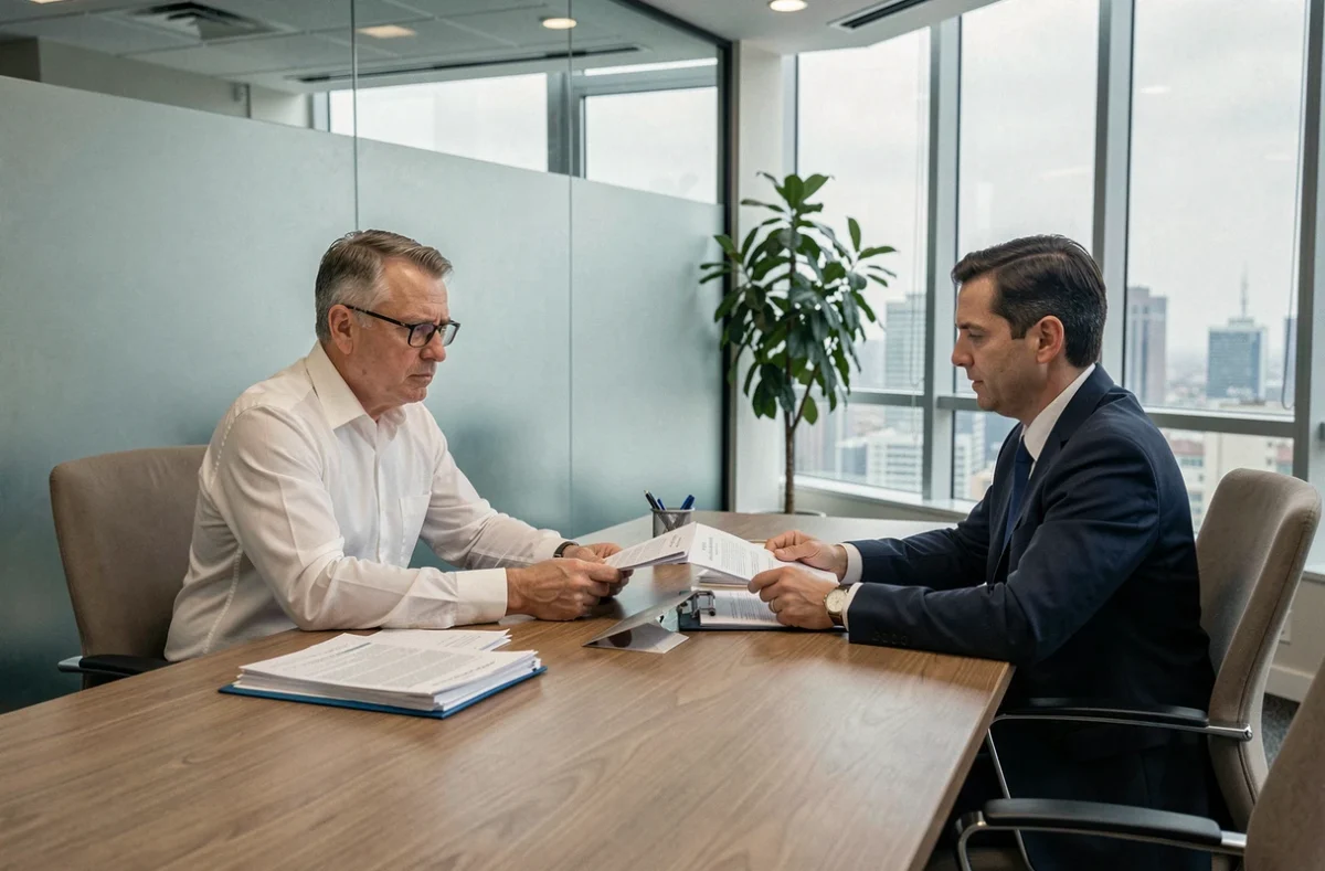 Homme en réunion formelle avec un notaire pour discuter d'un litige juridique autour de documents officiels