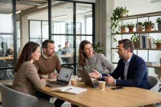 Groupe de professionnels en réunion dans un espace moderne