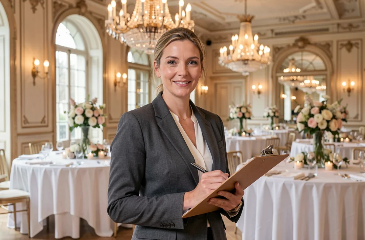 Coordinatrice d'événements professionnelle de Rikila Events devant un espace de réception élégamment décoré